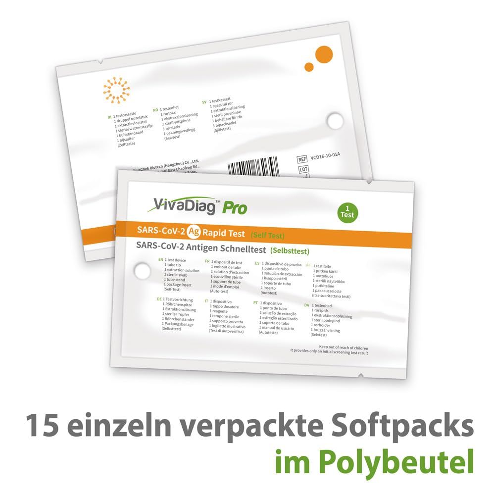 Deux kits de test emballés individuellement. Impression: VivaDiag Pro, test antigénique SARS-CoV-2. Texte: 15 softpacks emballés individuellement dans un sac en polyéthylène.