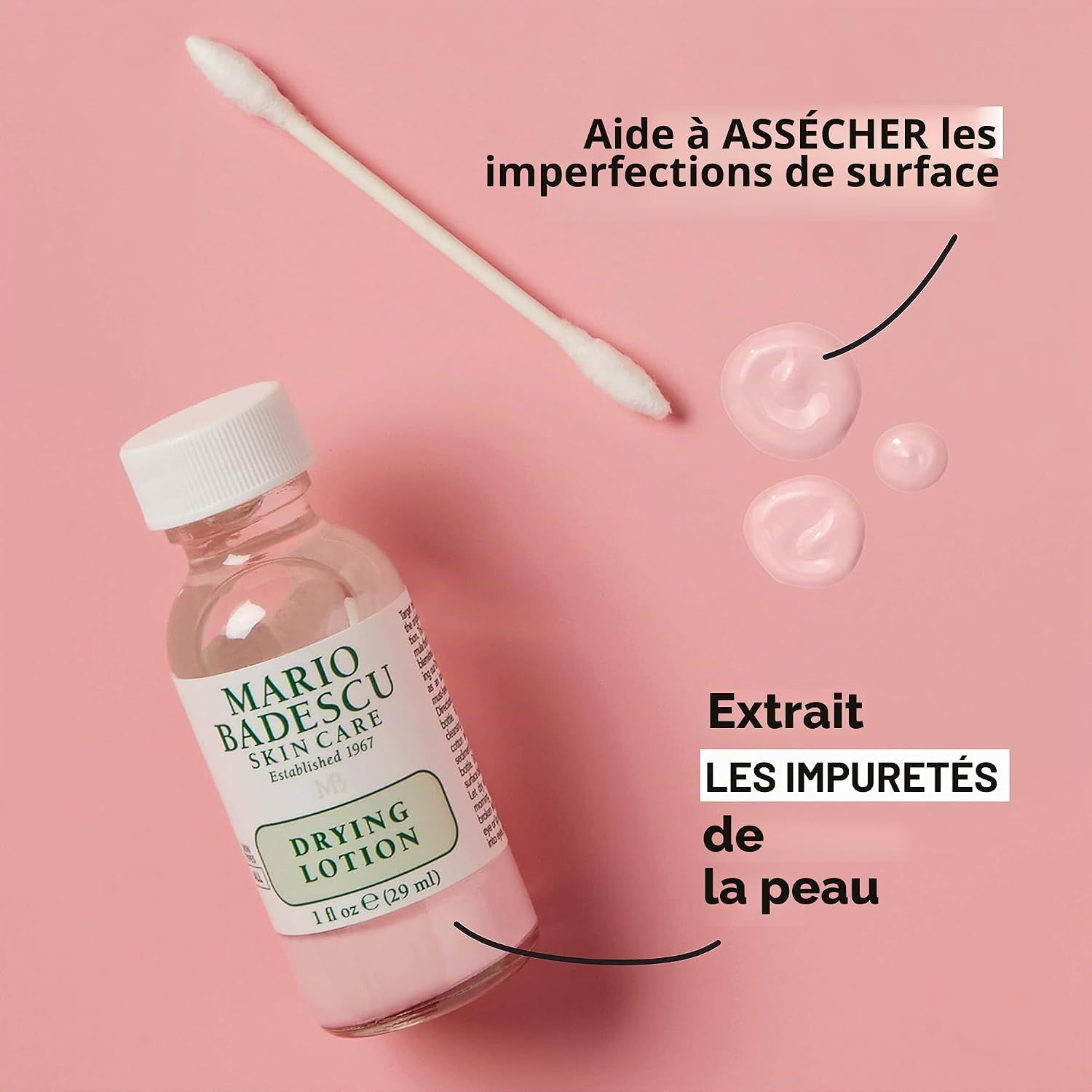 Flacon de Drying Lotion, coton-tige et gouttes.