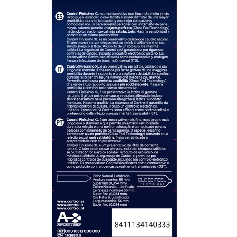 Achterkant van de "CONTROL Finissimo Xtra Large" verpakking. Informatie over ingrediënten en kenmerken. Met CE-markering.