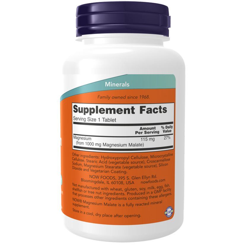 Achterkant van de fles. Supplement Facts. Bevat magnesium. Ingrediënten en voedingsinformatie. Merk: NOW.