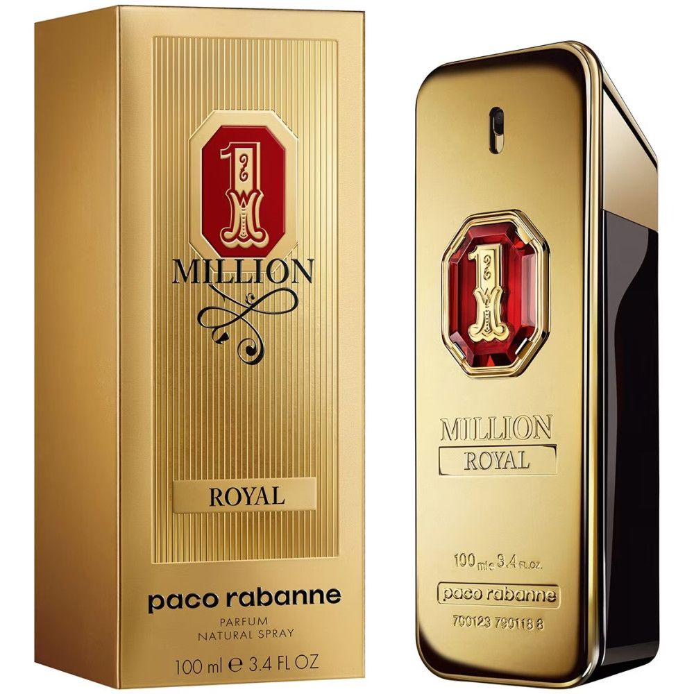 Flacon et boîte dorés. Inscription "Million Royal" et "Paco Rabanne". Flacon avec emblème rouge.