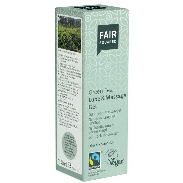 Verpakking van Green Tea Lube & Massage Gel. Tekst: FAIR SQUARED, Vegan, Fairtrade. 150ml.