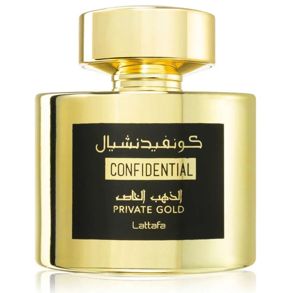 Gouden fles met zwart etiket. Opschrift in het Arabisch en Engels: CONFIDENTIAL PRIVATE GOLD. Merk: Lattafa.