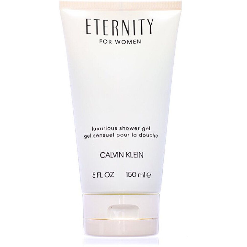 Tube de gel douche blanc avec "ETERNITY FOR WOMEN" et "Calvin Klein". Texte: luxurious shower gel, gel sensuel pour la douche. 5 FL OZ, 150 ml e.