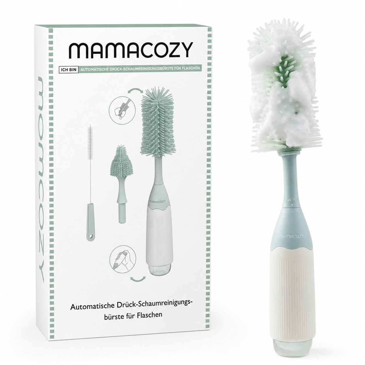 Brosse à biberon Momcozy avec technologie moussante et accessoires dans la boîte.