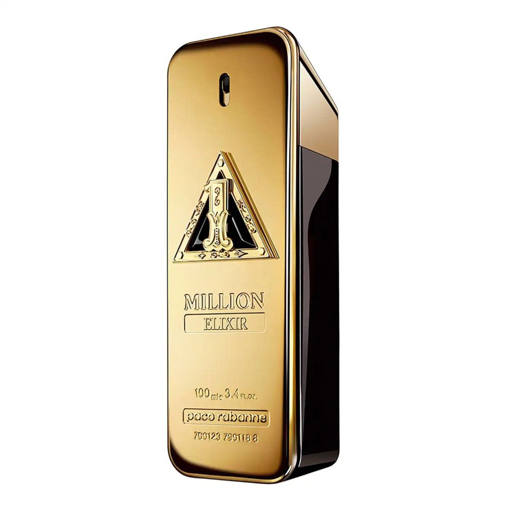 Flacon doré. Inscription: Million Elixir, Paco Rabanne. 100 ml.