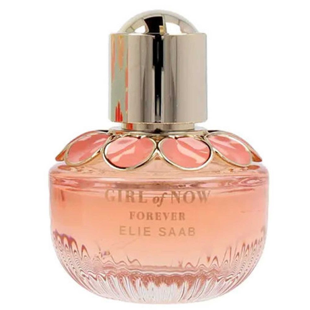 Flacon de parfum. Liquide rose, bouchon doré, décor floral. Texte GIRL of NOW FOREVER ELIE SAAB.