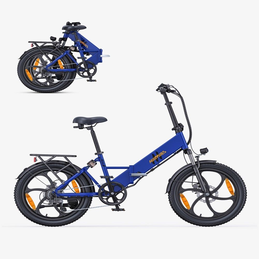 Vélo électrique pliable bleu. Pneus noirs, porte-bagages. Marque HillMiles.