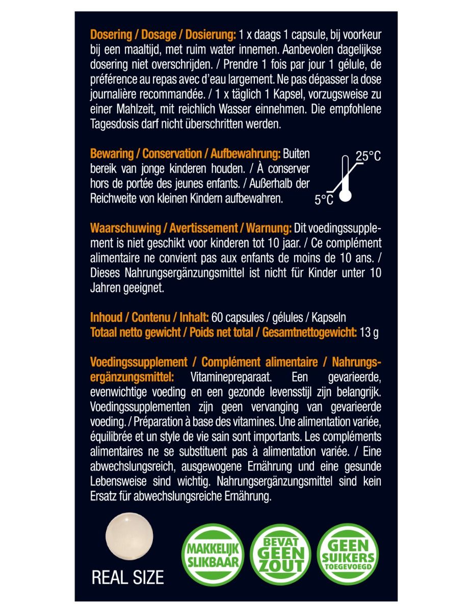 Dos de l'emballage avec informations sur le dosage, les ingrédients et les avertissements. Texte en plusieurs langues.