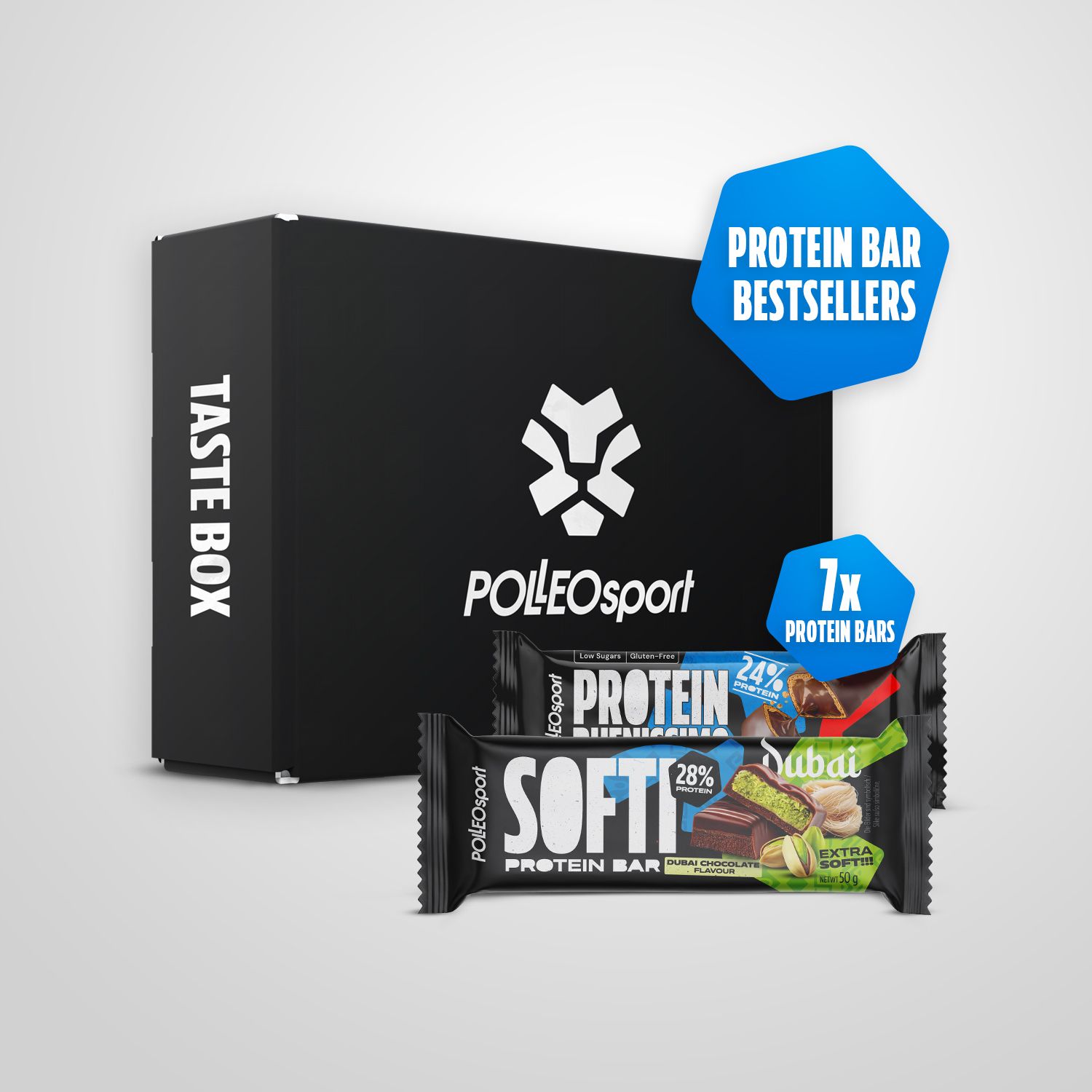 Zwarte doos met PolleoSport logo en Taste Box opschrift. Twee eiwitrepen, waaronder Softi en Protein Buenissimo. Blauwe stickers.