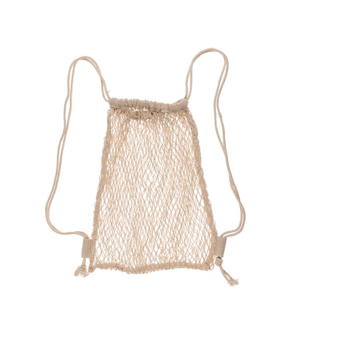Natuurkleurige mesh rugzak, open. De rugzak heeft twee draagbanden en is gemaakt van grof mesh materiaal.