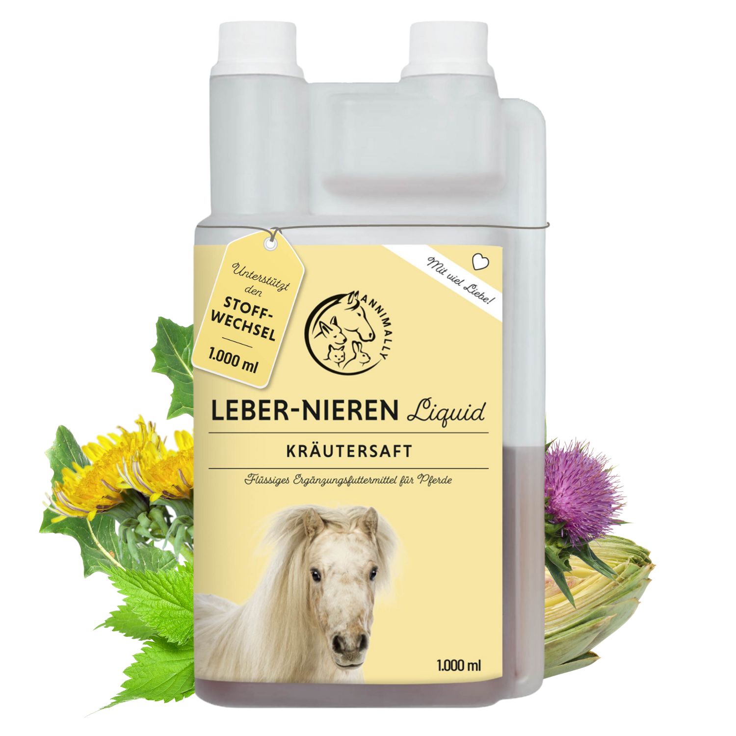 Bouteille de Annimally Leber-Nieren Liquid. Jus de plantes pour chevaux. Étiquette, logo et 1.000 ml.
