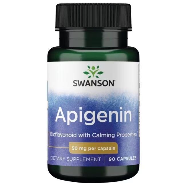 Flacon vert avec bouchon noir. Inscription: SWANSON Apigenin 50 mg. 90 gélules. Complément alimentaire.