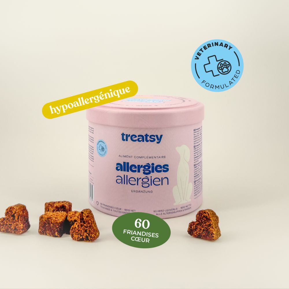 Boîte rose avec "Treatsy Allergies". Texte : "Hypoallergénique". Logo : "Veterinary Formulated".