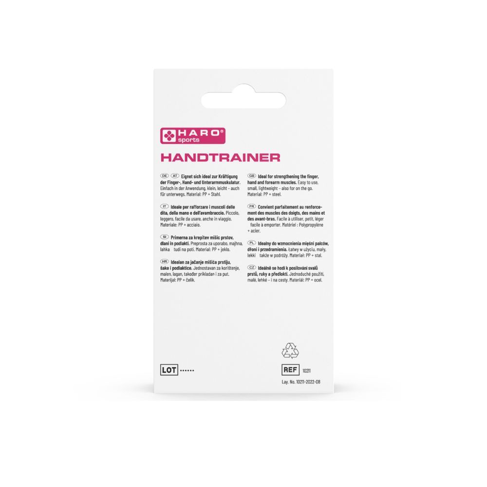 Dos de l'emballage du Haro Handtrainer. Blanc avec nom et logo. Texte en plusieurs langues. Symbole de recyclage.