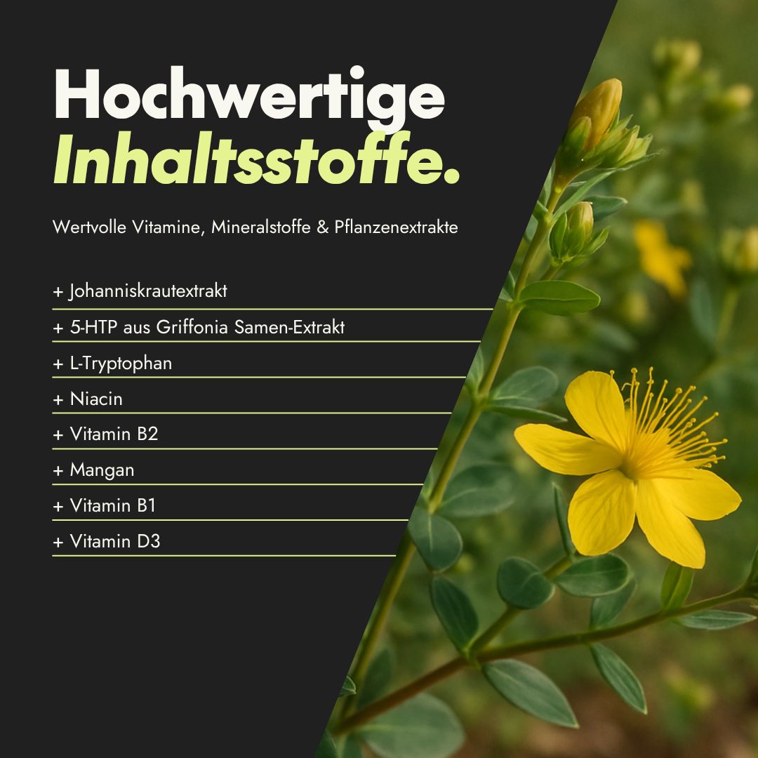 Gele bloem op groene achtergrond. Tekst: Hoogwaardige ingrediënten. Waardevolle vitaminen, mineralen & plantenextracten. Sint-janskruid extract, etc.