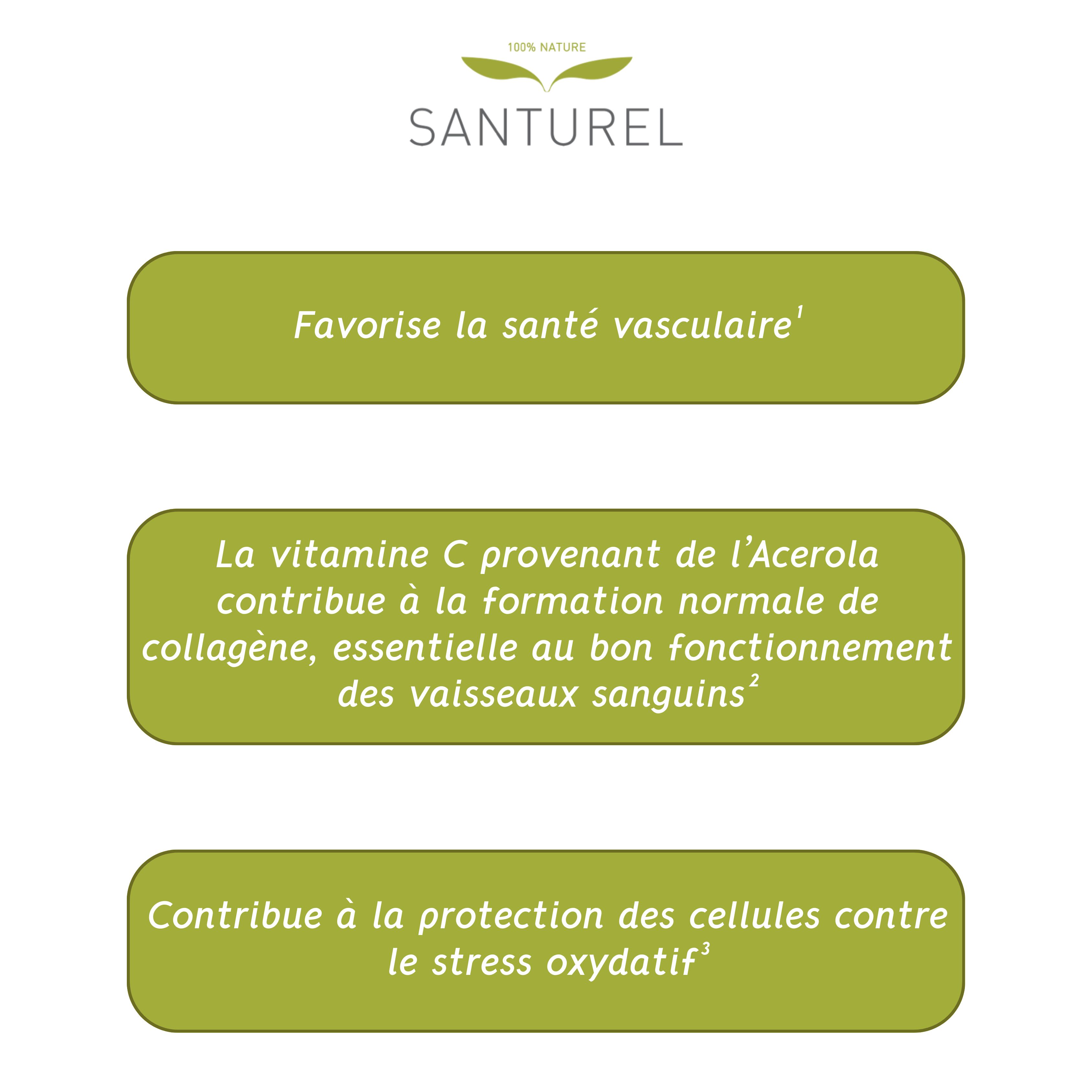 Textes d'informations sur Santurel Pycnogenol® + Acerola. Favorise la santé vasculaire.
