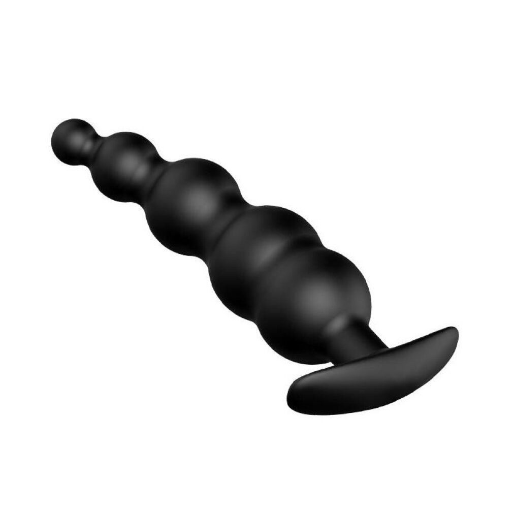 Plug anal en silicone noir, vue latérale, avec surface ondulée.