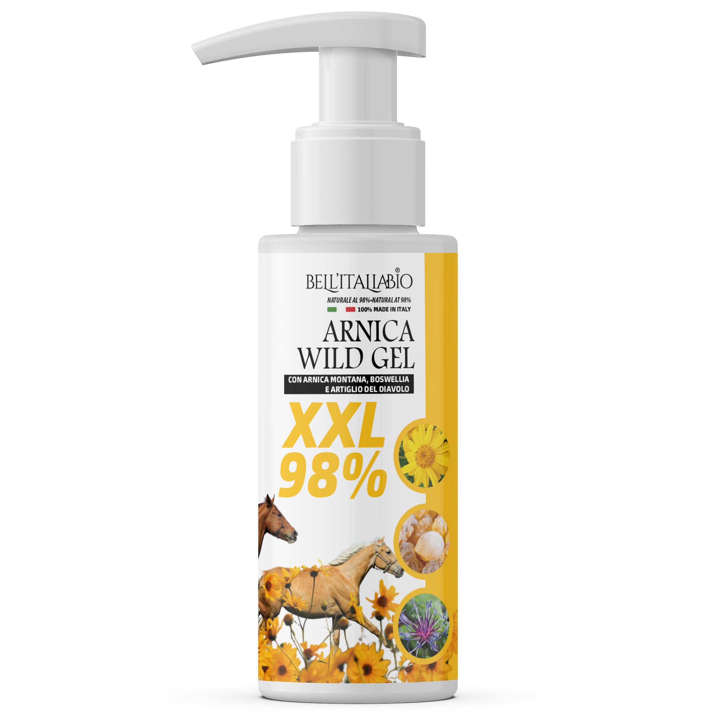 Gelfles met pomp, gele label met productnaam en ingrediënten. Tekst: XXL 98%.