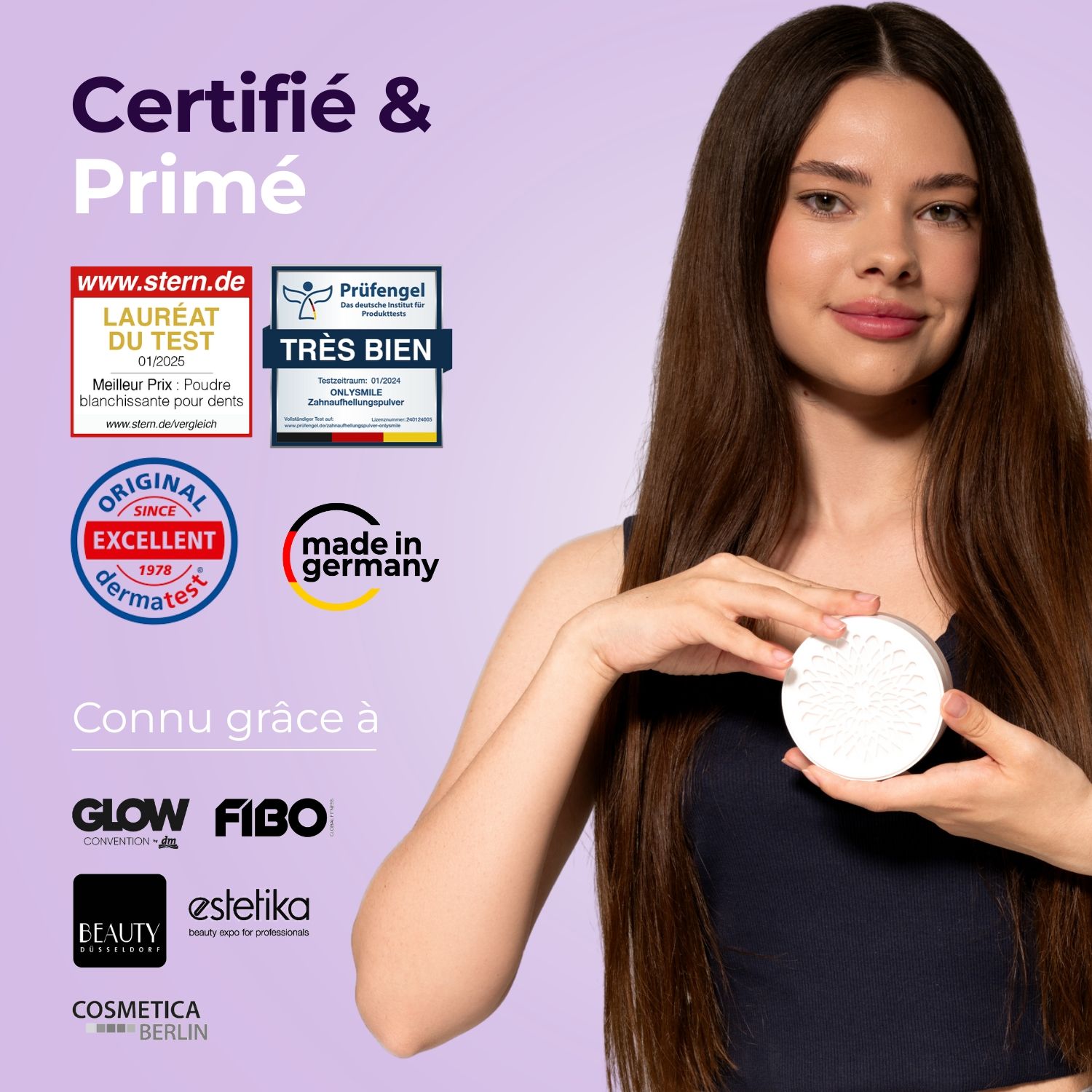 Femme avec poudre blanchissante. Certificats et logos. Sceau Dermatest, Made in Germany.