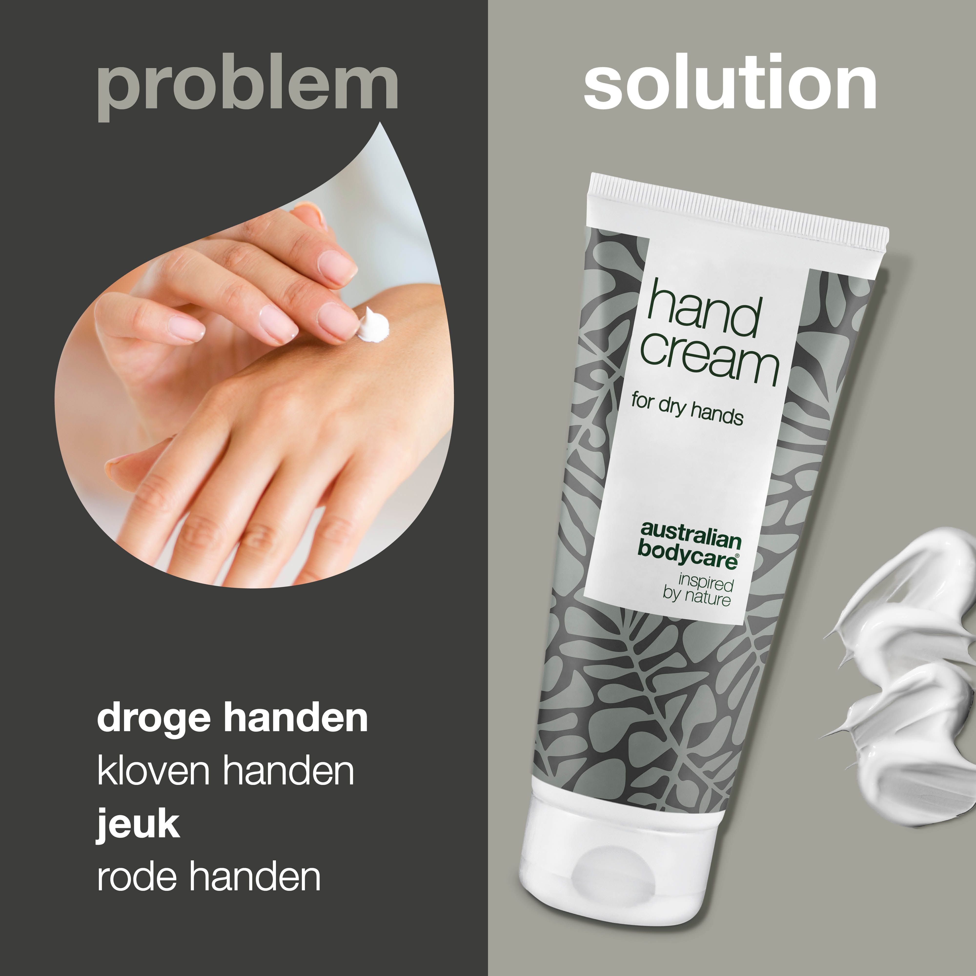 Handcrèmetube en crème. Opschrift: Hand Cream, Australian Bodycare.