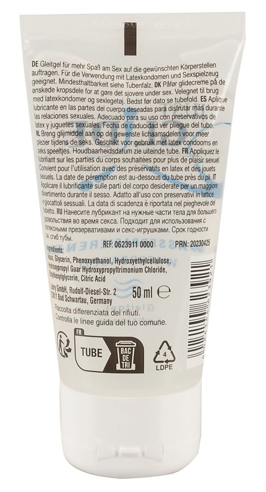 Dos d'un tube de gel transparent. Texte en plusieurs langues. Ingrédients, numéro de lot et marquage CE.