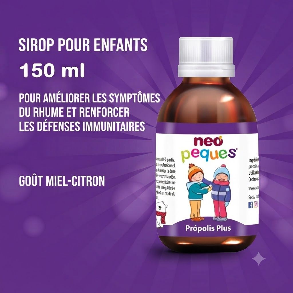Bouteille de sirop brune avec bouchon blanc, étiquette avec enfants et ours. 150 ml.