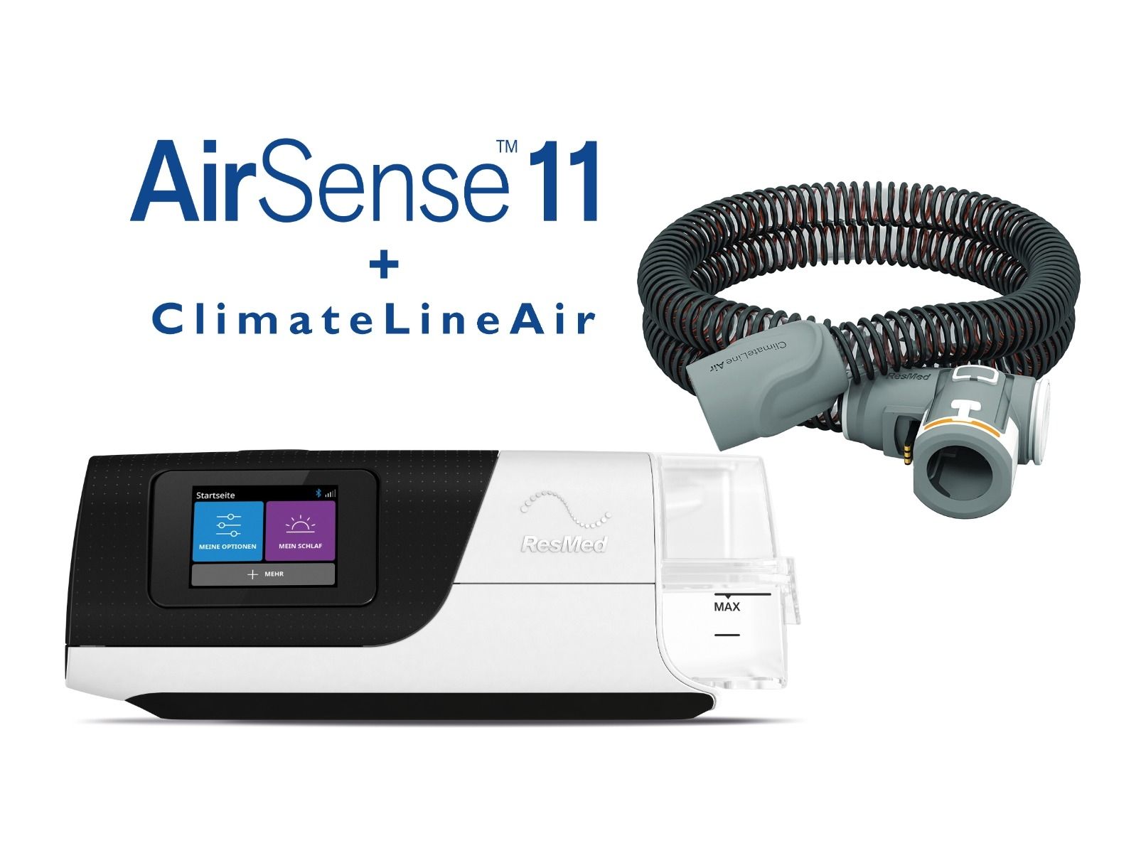 ResMed AirSense 11 met ClimateLineAir slang en bevochtiger.