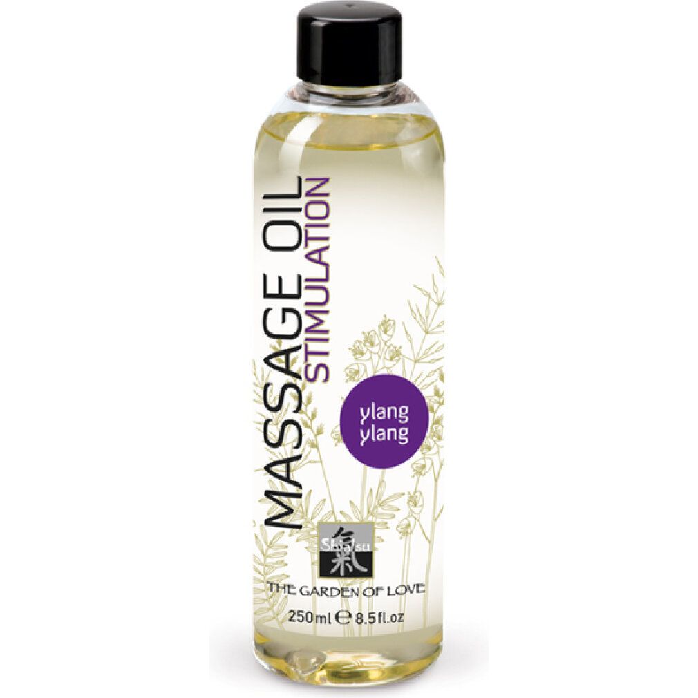 Flacon d'huile de massage avec bouchon noir. Inscription: Massage Oil Stimulation, Ylang Ylang, The Garden of Love.