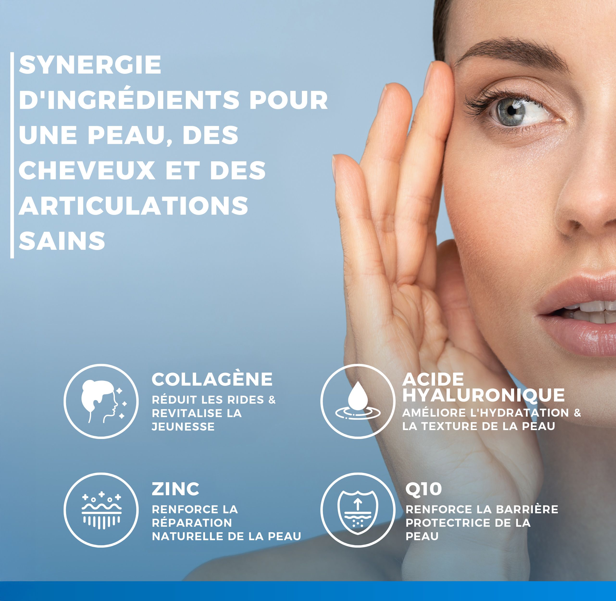 Vitastrong Kollagen + Hyaluronsäure. 180 tabletten. Blauwe infographic met product en ingrediënten.