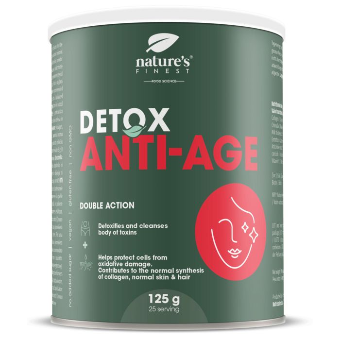 Boîte verte "Nature's Finest Detox Anti-Age". Contient 125g. Vegan, sans gluten. Cercle rouge avec visage.