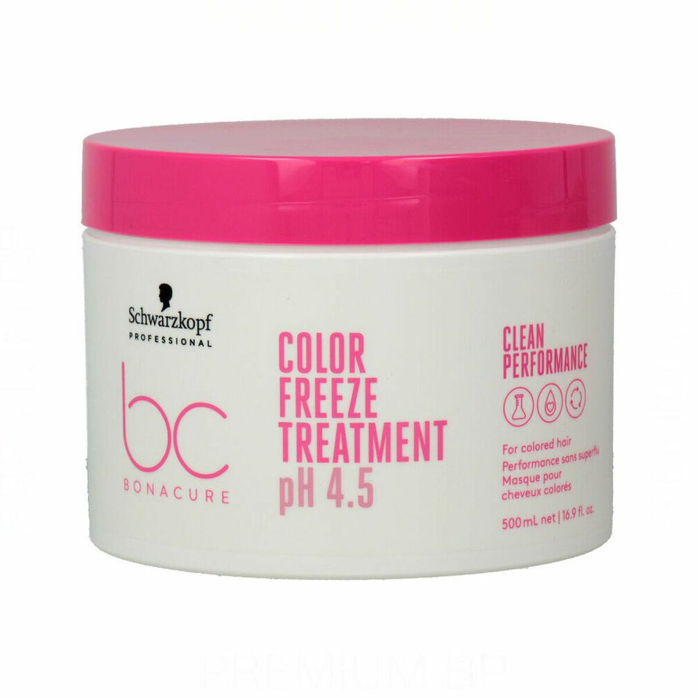 Pot blanc avec couvercle rose. Schwarzkopf BC Bonacure, Color Freeze Treatment pH 4.5. 500ml. Inscription Clean Performance.
