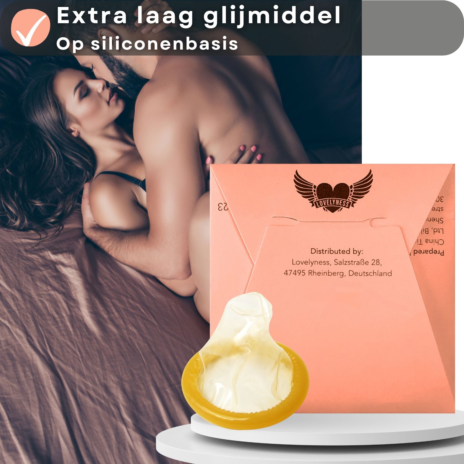 Condoom met extra glijmiddel. Logo met vleugels en hart. Op siliconenbasis. Verpakking.