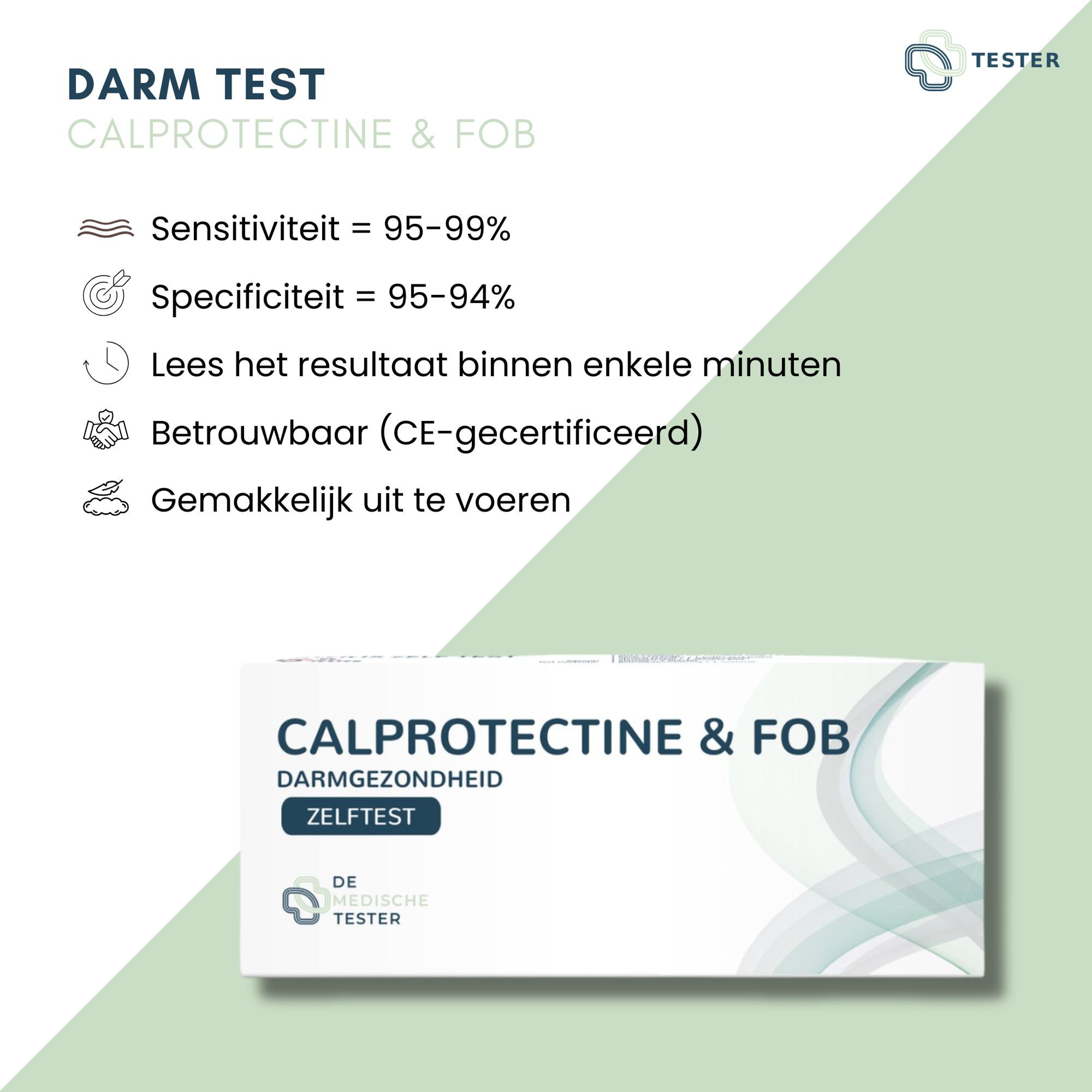 Infographie avec texte: Darm Test, Calprotectine & FOB. Sensibilité 95-99%, Spécificité 95-94%. Certifié CE. Image du produit.