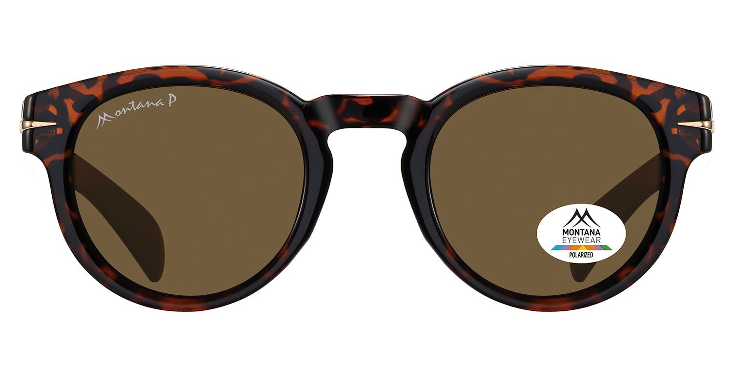 Lunettes de soleil rondes, verres bruns, monture écaille. Logo Montana Eyewear et autocollant Polarized.