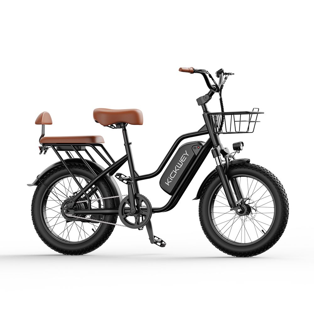 Vélo électrique noir avec selle marron et panier. Batterie avec logo KICKWEY. Gros pneus.