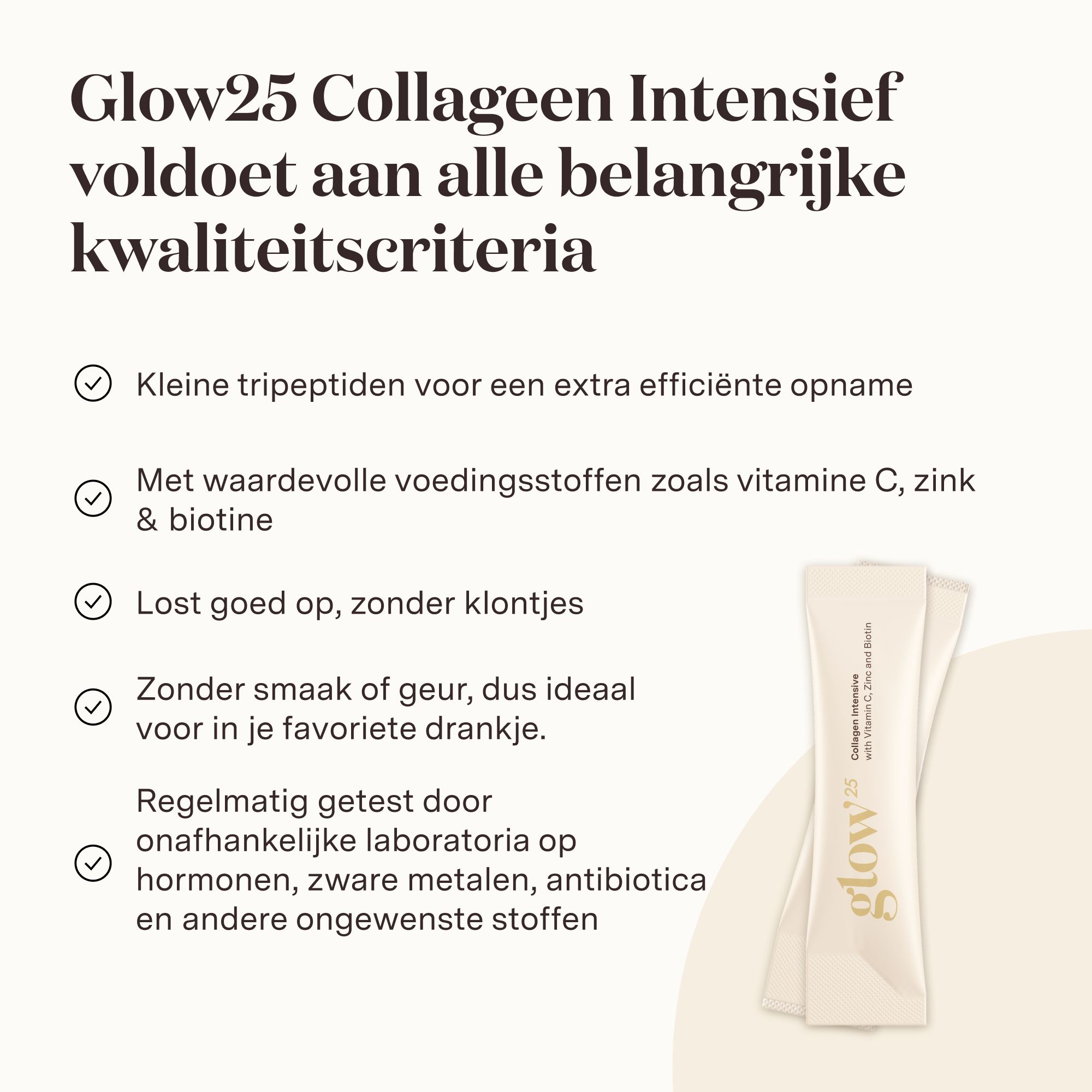 Tekst met productvoordelen en twee sticks. Tripeptiden, vitaminen, smaakloos, getest.