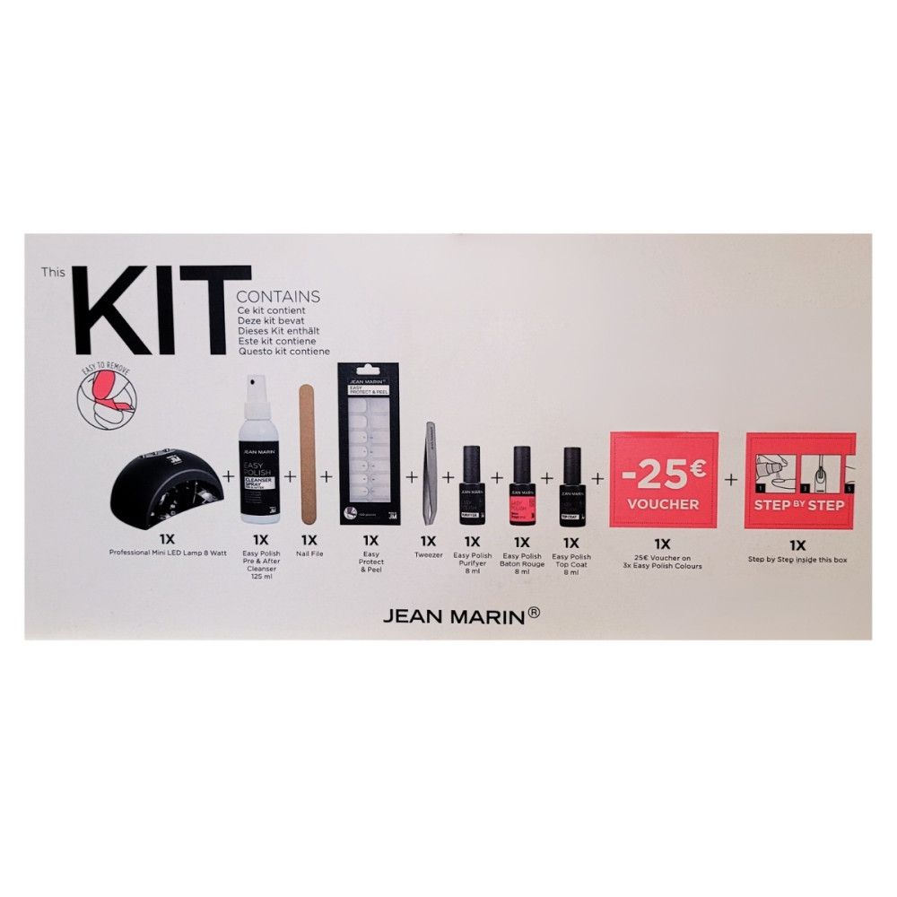 Jean Marin Easy Protect & Peel kit. Bevat LED-lamp, nagellak, vijl, cuticle pusher, pincet, tips en voucher.