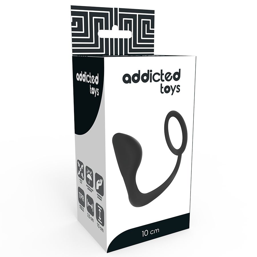Emballage d'un plug anal flexible noir avec anneau pénien.
