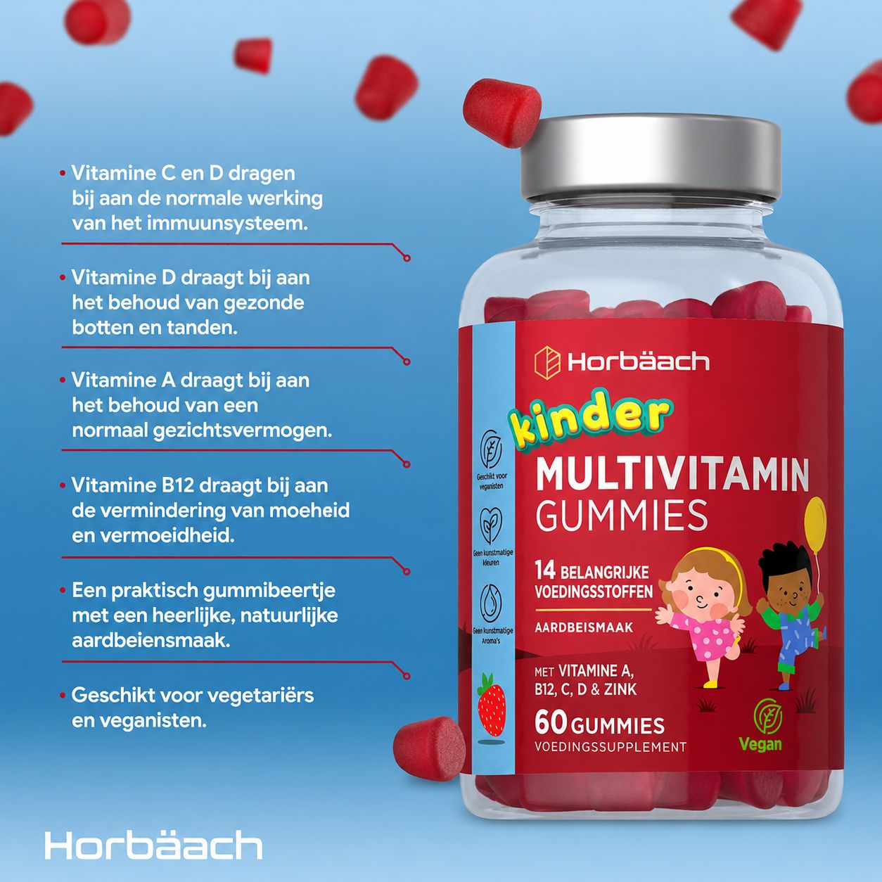 Hörbaach Kindermultivitamine Gummibeertjes in een fles van 60 stuks. Rode gummibeertjes met aardbeiensmaak.