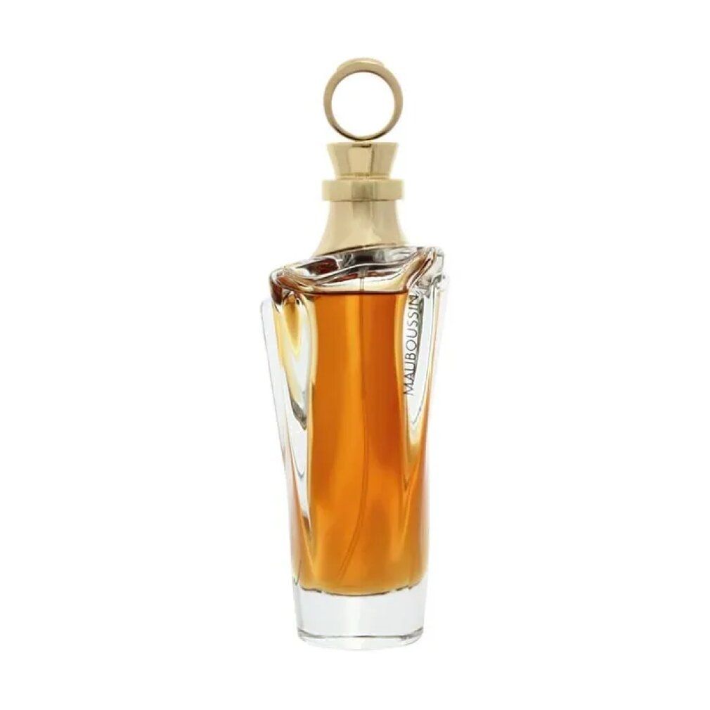 Flacon de parfum. Bouchon doré. Flacon avec contenu doré. Inscription Mauboussin.
