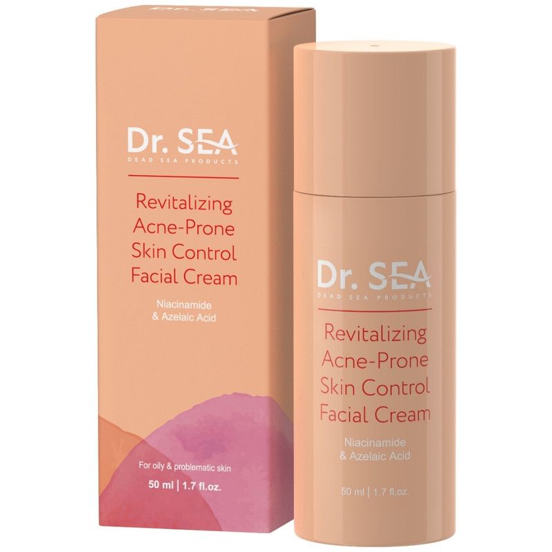 Crèmetube en verpakking. Opschrift: DR. SEA, Revitalizing Acne-Prone Skin Control Facial Cream.