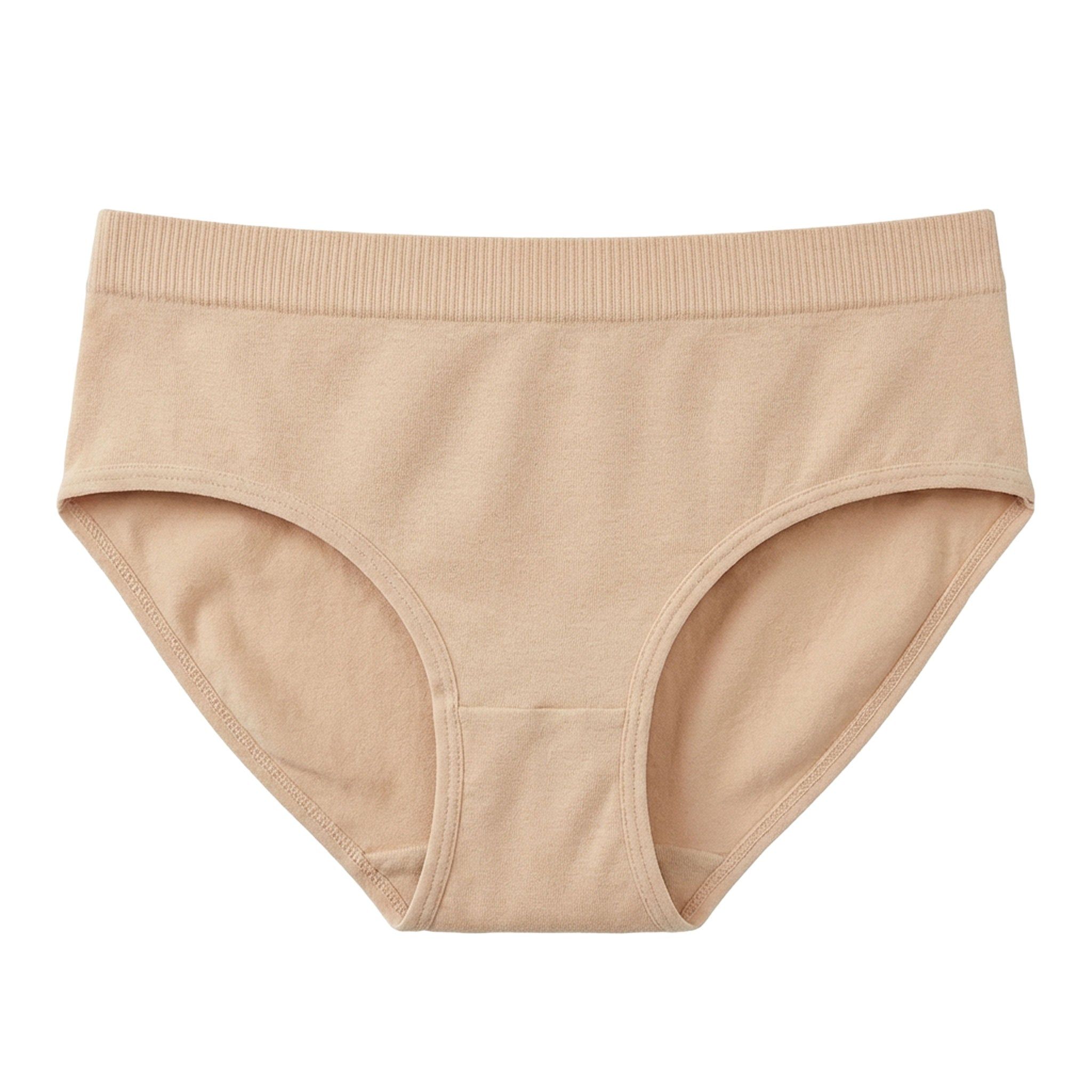 Beige zwangerschapsslips met lage taille. Geribbelde tailleband. Vooraanzicht.