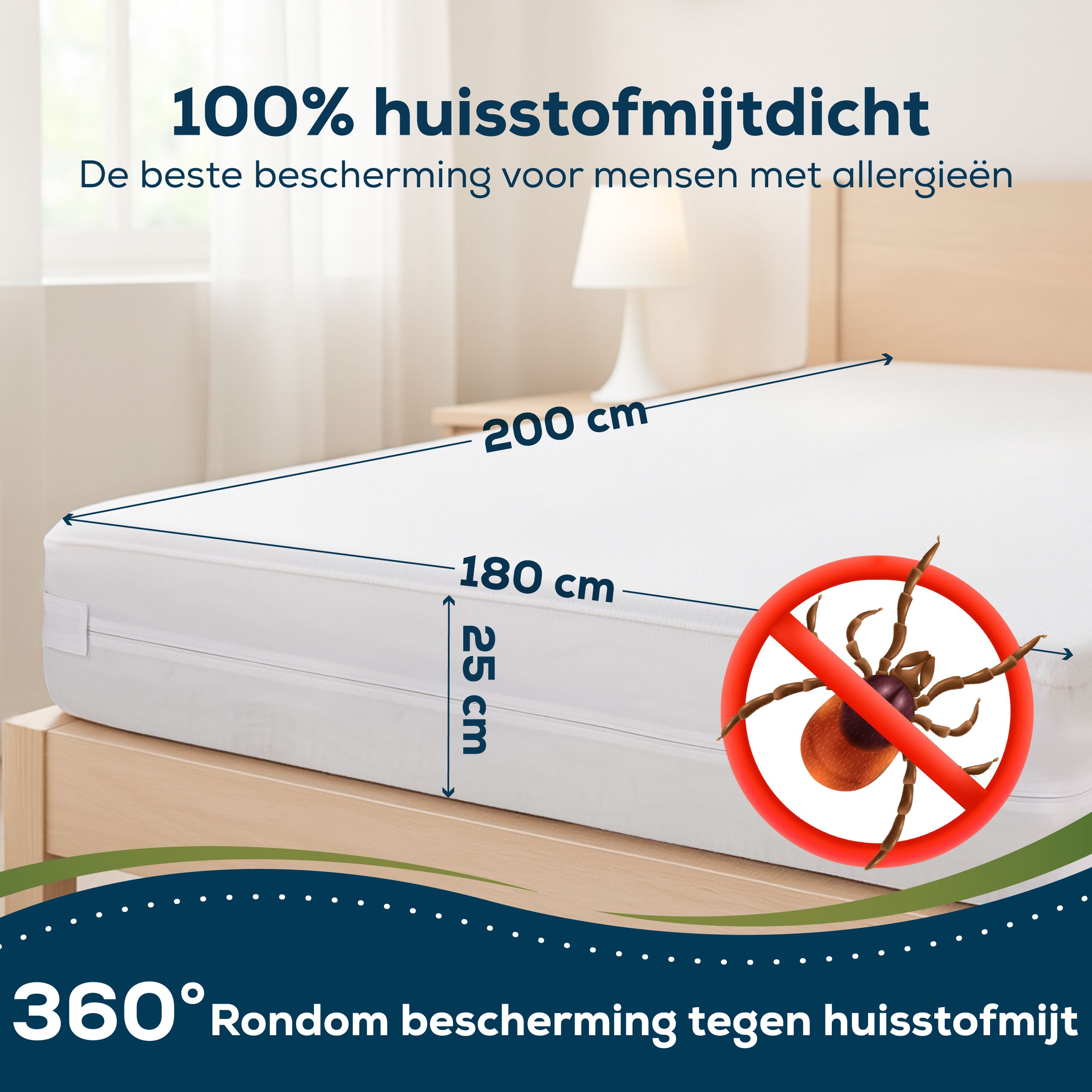 Wit matrasovertrek, 200x180x25 cm, met teken van huisstofmijt en "100% huisstofmijtdicht".
