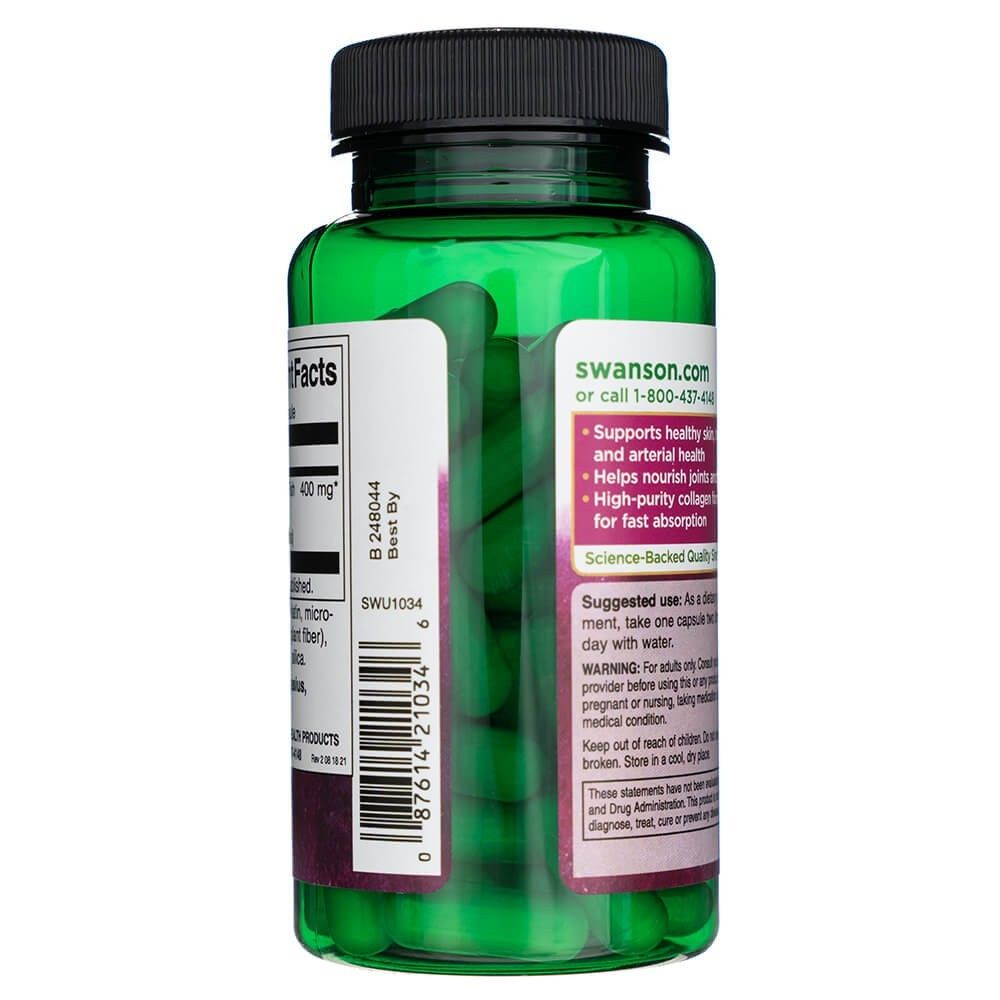 Groene fles SWANSON Marine Collageen Peptiden met zichtbare capsules en waarschuwingen.