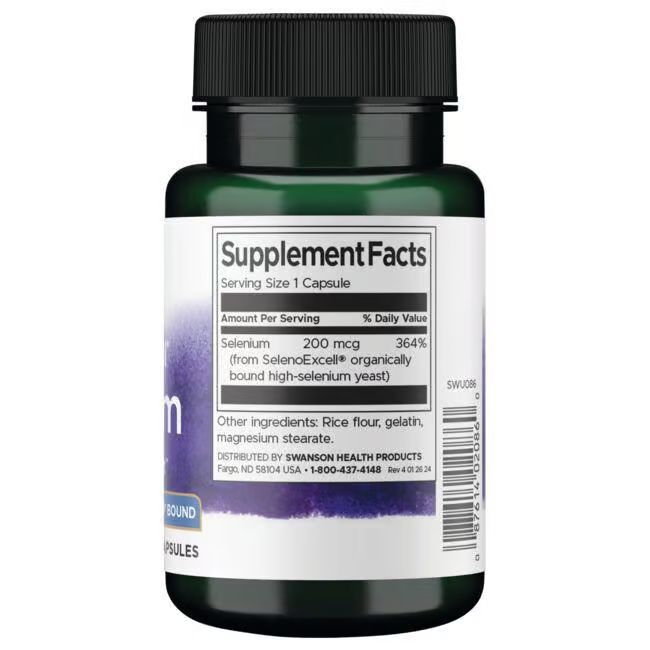 Dos d'un flacon vert foncé. Étiquette blanche avec informations nutritionnelles. Contient du sélénium. Ingrédients: farine de riz, gélatine, stéarate de magnésium.