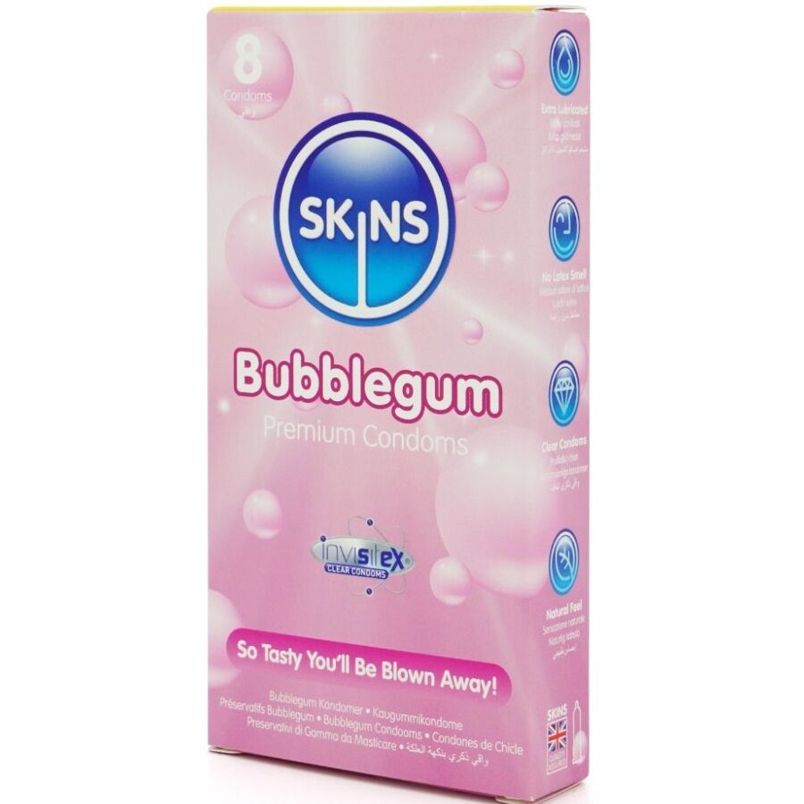 Boîte de 8 préservatifs Skins Bubblegum. Emballage rose avec logo et informations produit.