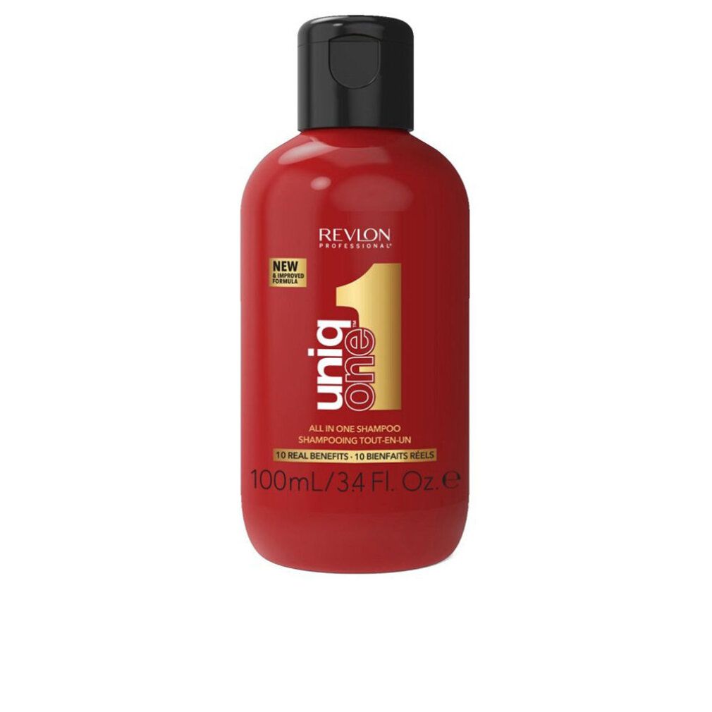 Flacon rouge Revlon Uniq One Shampoo avec pompe noire, 100ml.