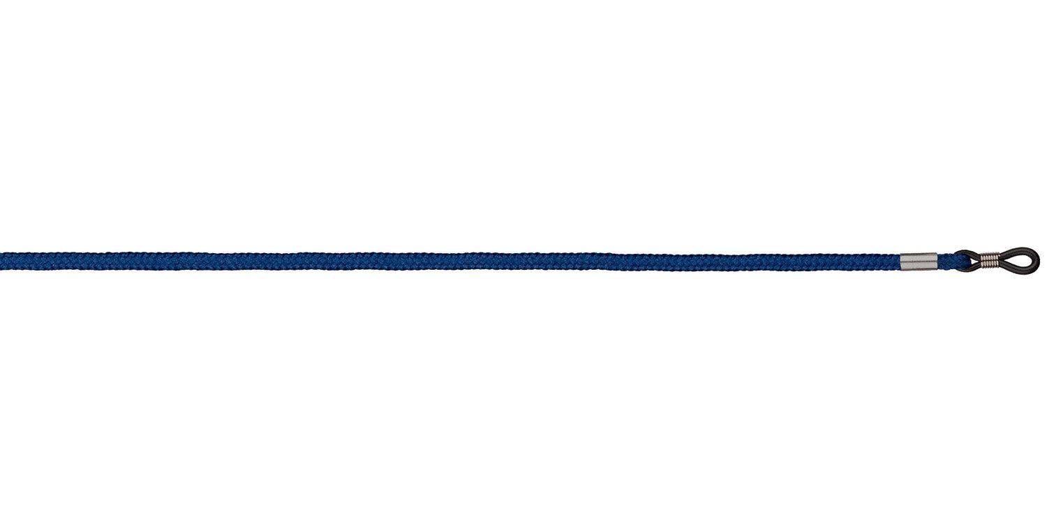 Cordon de lunettes bleu foncé, vue droite. Cordon textile rond avec extrémités métalliques et boucles pour lunettes.