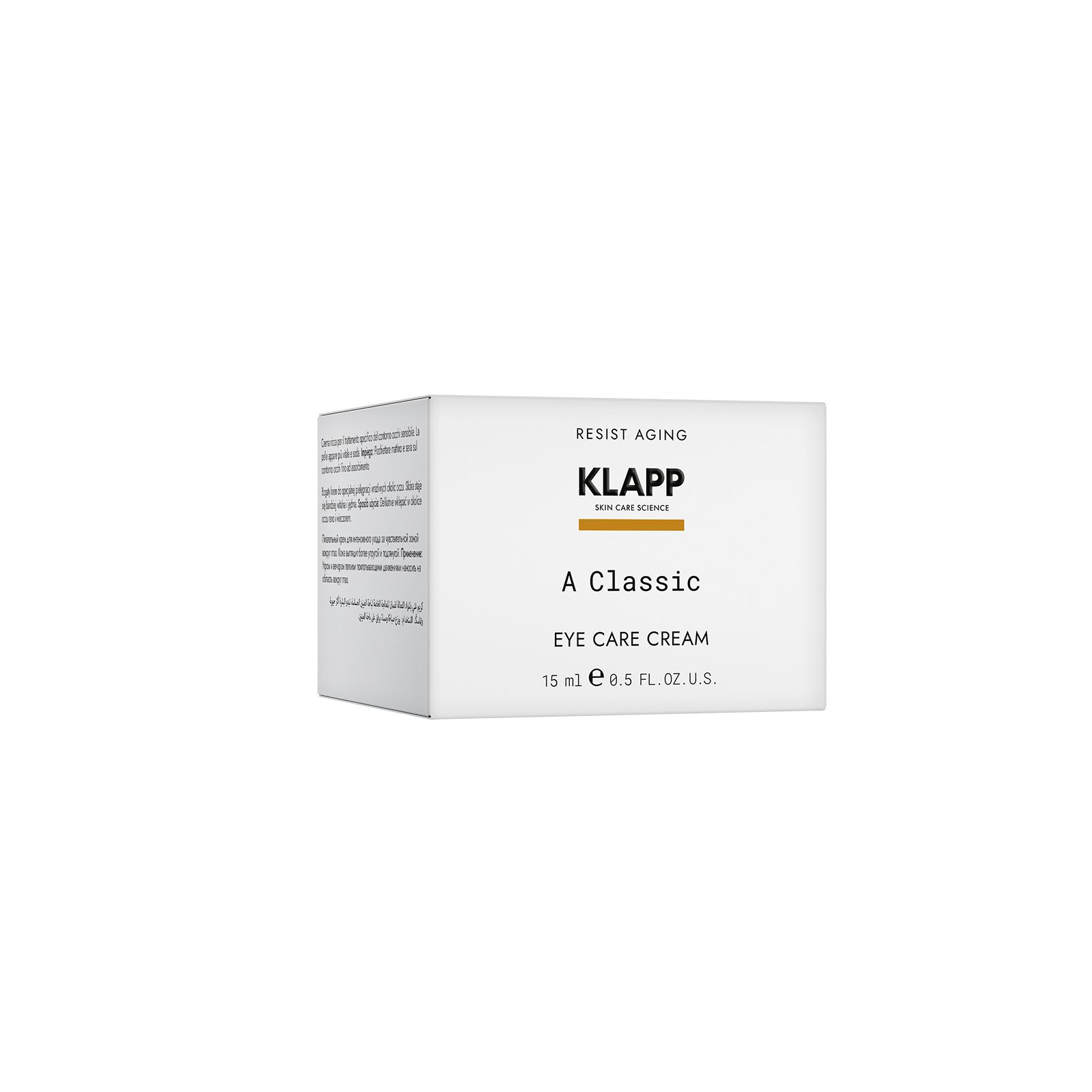 Witte rechthoekige verpakking. Opschrift: KLAPP, A Classic Eye Care Cream. Tekst: Resist Aging. 15 ml.